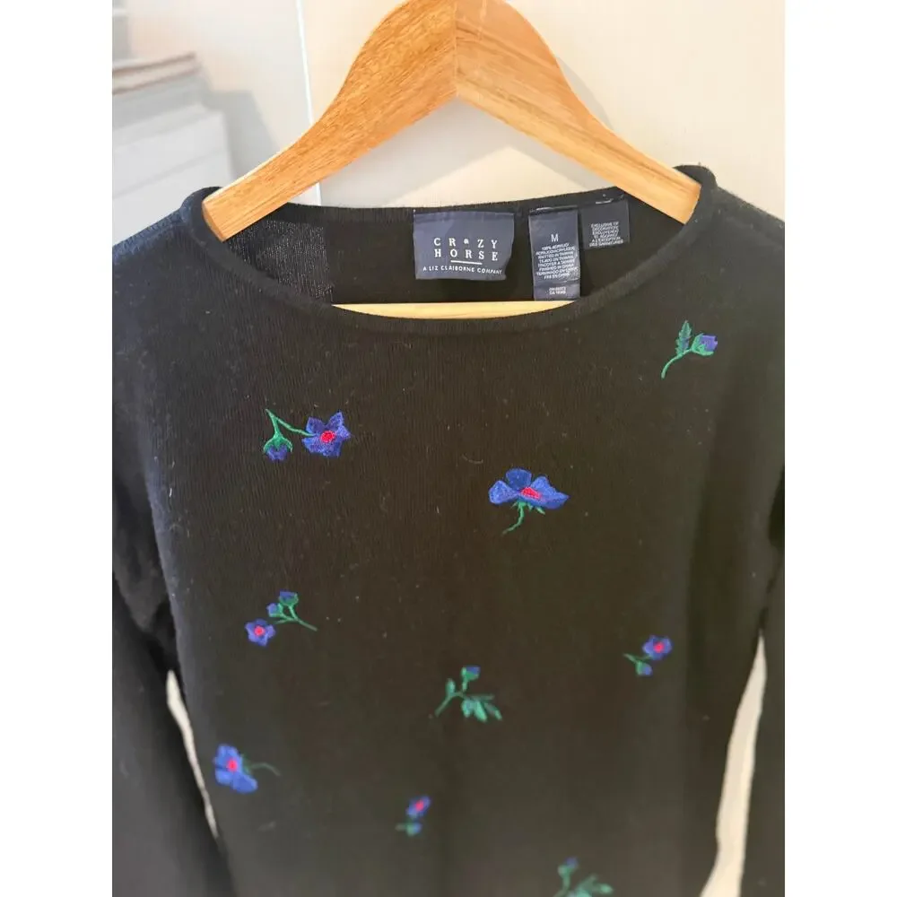 Vintage Crazy Horse Liz Claiborne Floral Embroidered Black Sweater M ✨‎